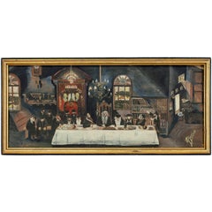 Rare 1940s Judaica Folk Art Outsider Painting Rabbis at Farbrengen 2