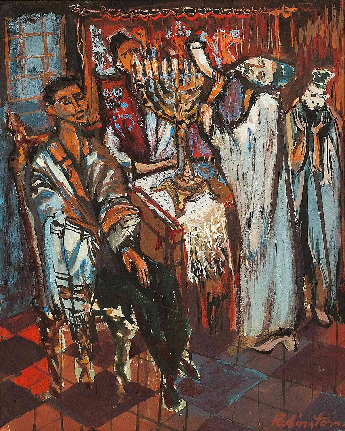 Norman Rubington Figurative Painting - Rare Judaica Synagogue Service with Shofar