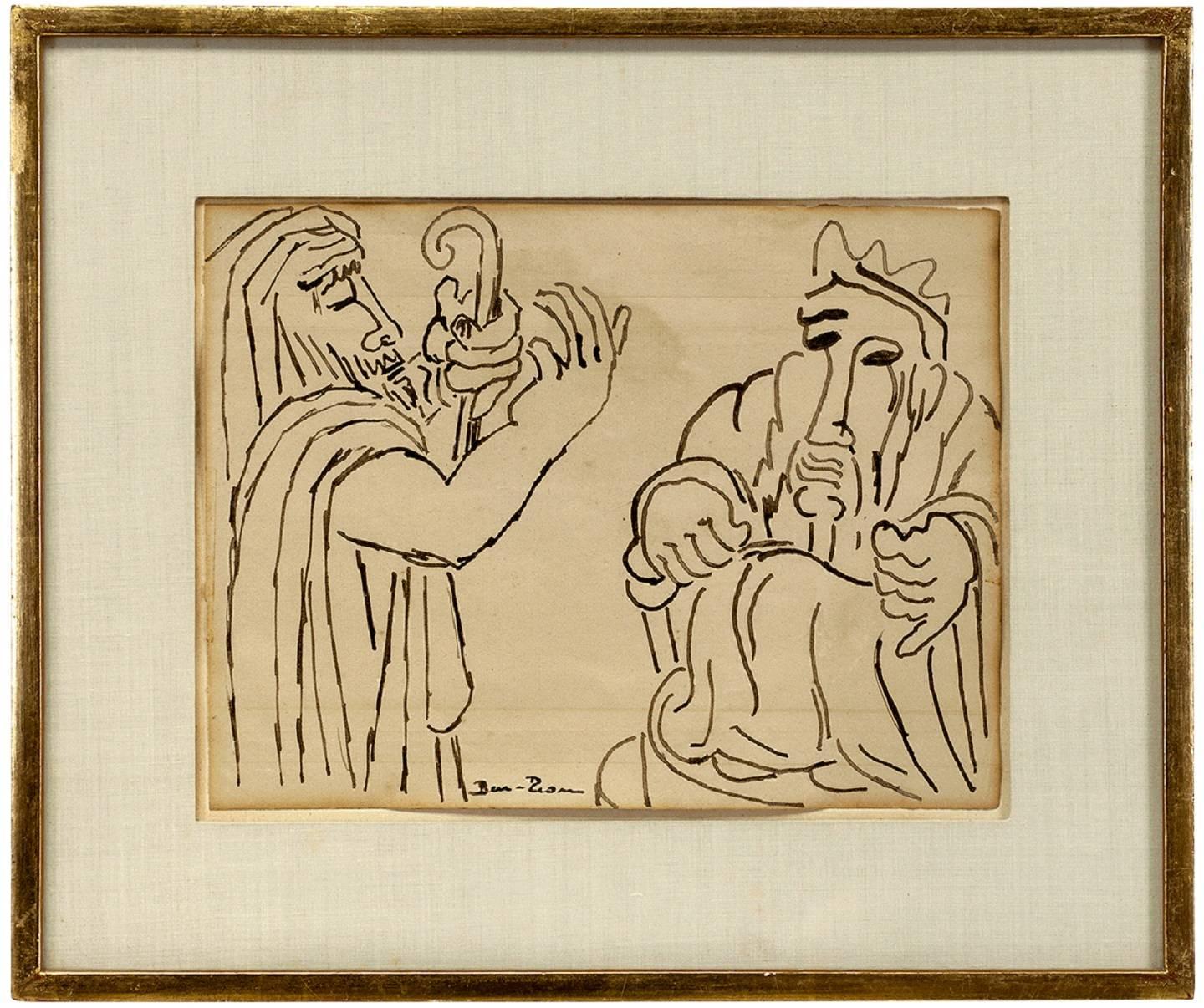 Ben-Zion Weinman Figurative Art - Biblical Scene, (2 Jewish Men) 1930s Modernist Ink Drawing