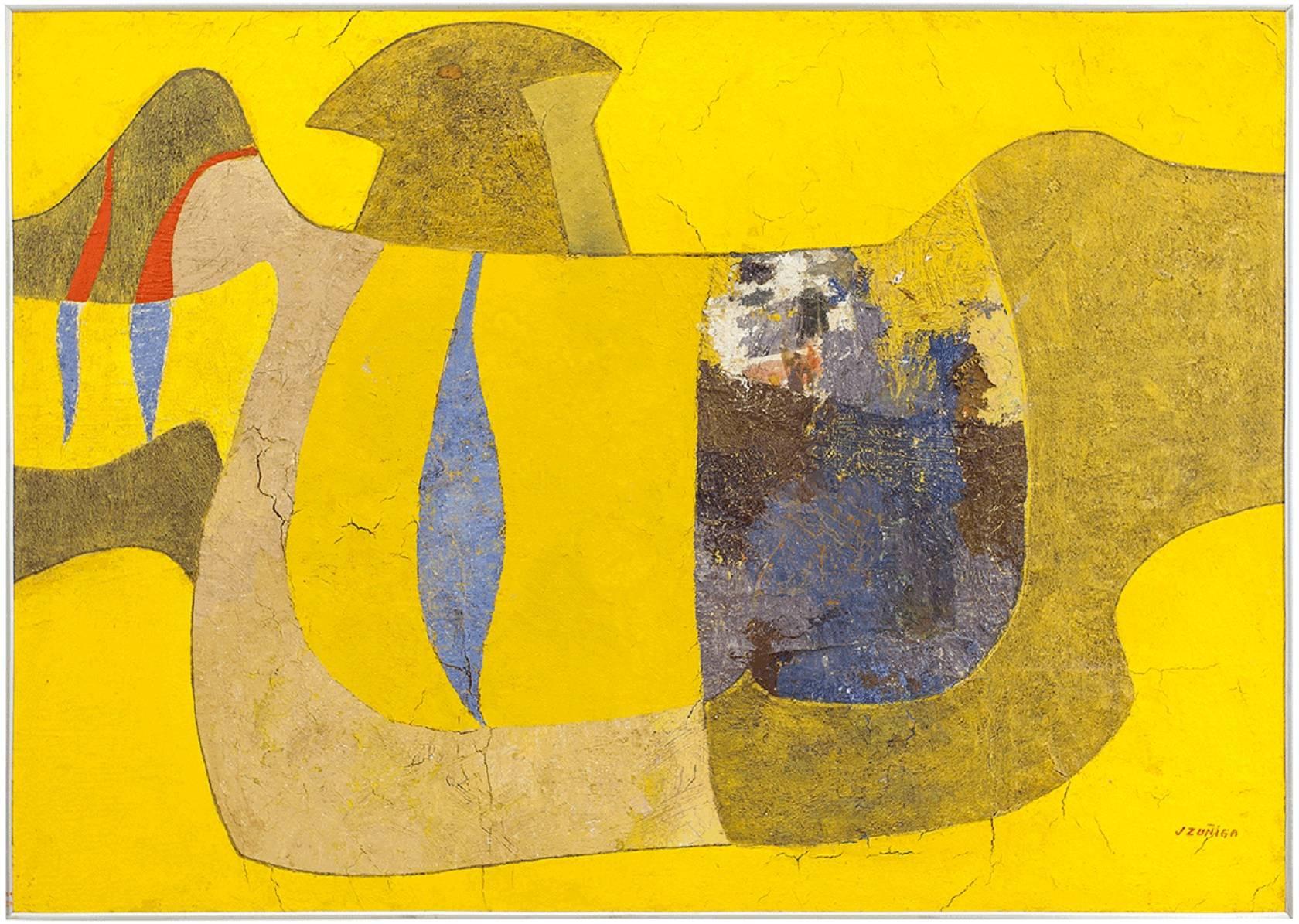 Jose Zuniga Abstract Painting - PAJARO AMARILLO, The Yellow Bird. Latin American Mixed Media Painting