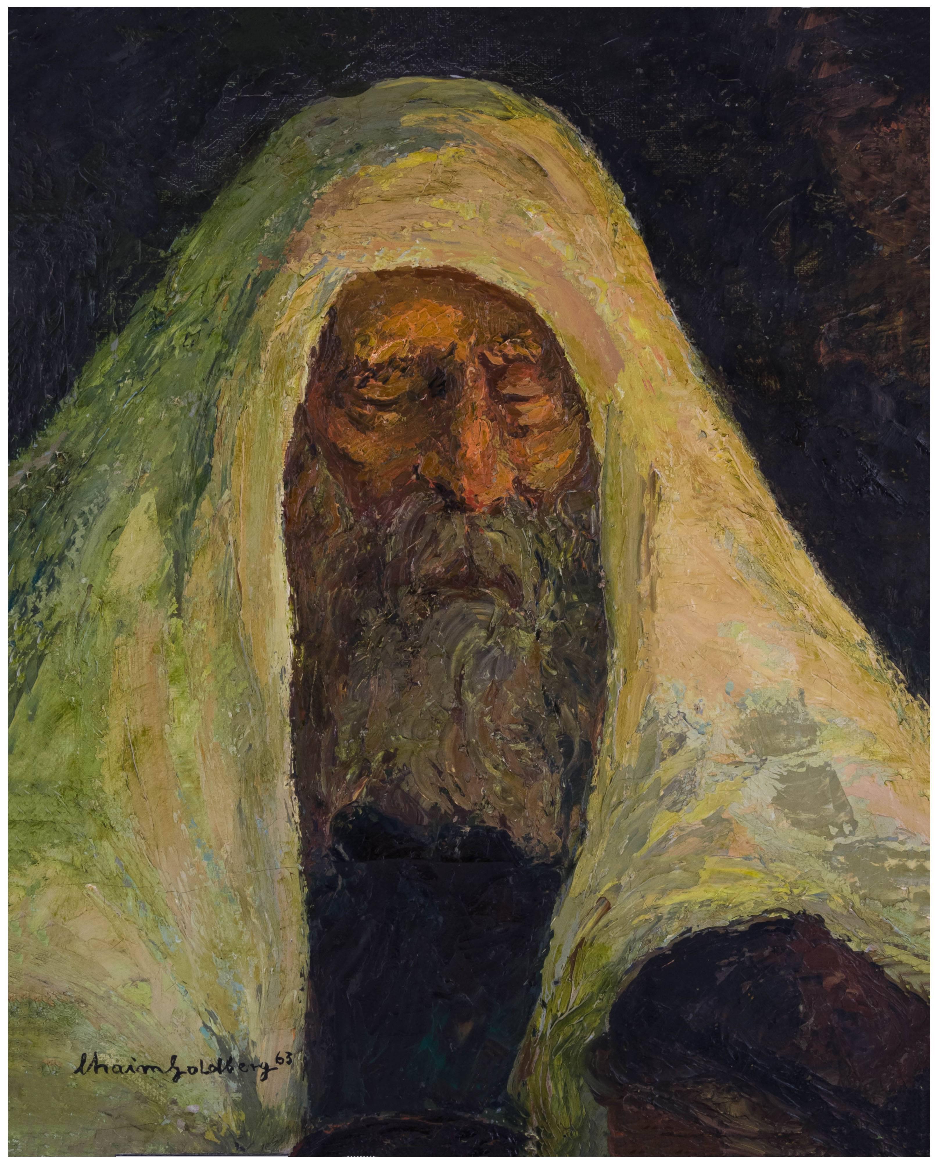 Chaïm Goldberg Figurative Painting - Judaica Oil Painting Hasidic Meditation In Prayer