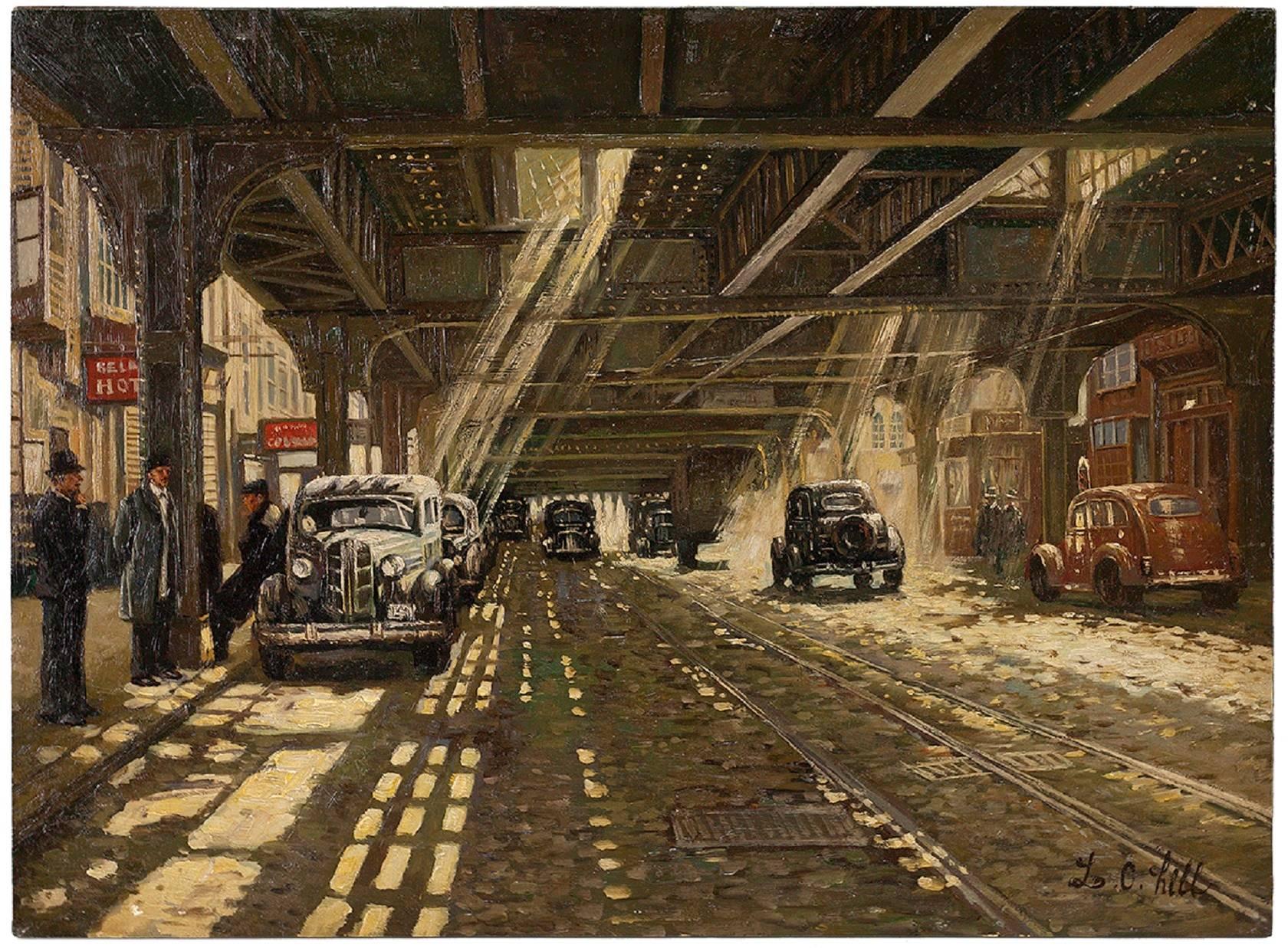 Unknown Figurative Painting - NYC "Under the El" 1940s Urban Street Scene