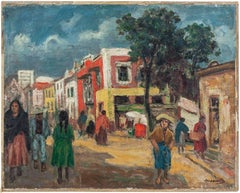 Street Scene Oil Painting Circa 1930s