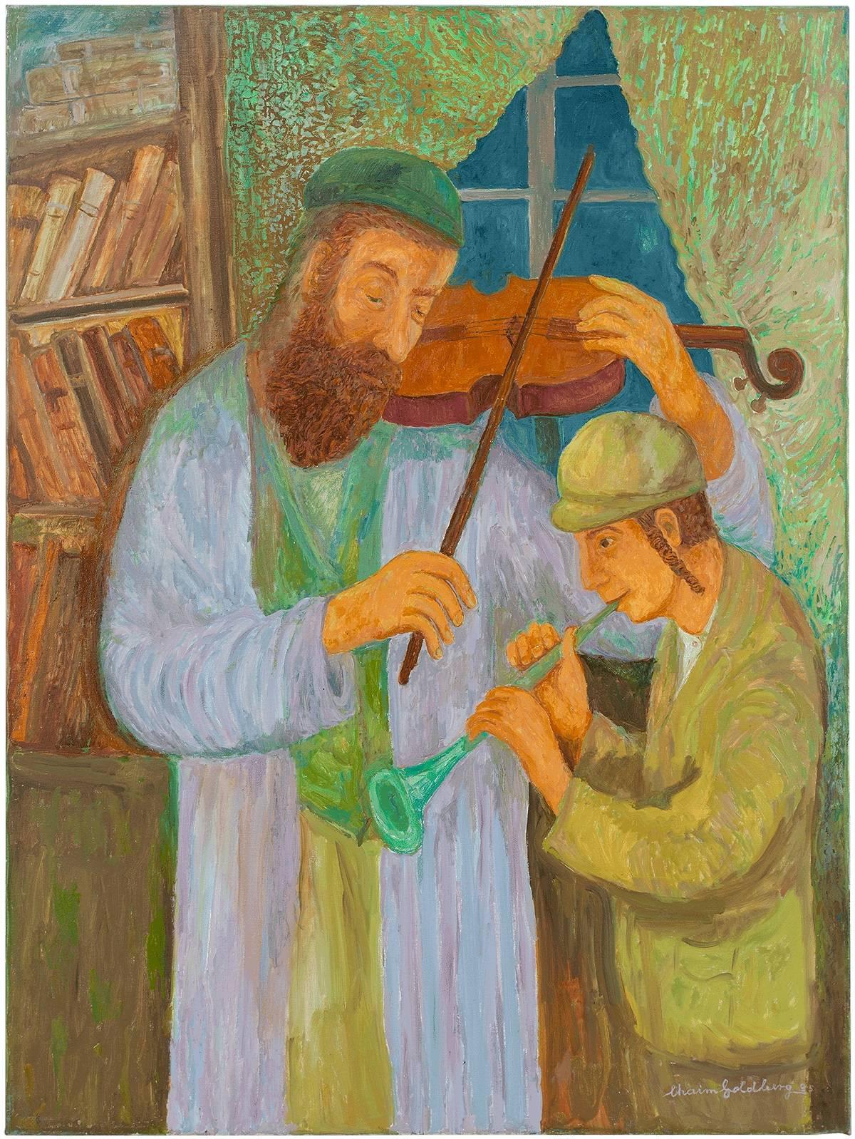 Chaïm Goldberg Figurative Painting - Music Lesson, Judaica Painting, Shtetl Life