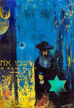 Vintage Post Soviet Avant Garde RABBI, EXPRESSIONIST BLUE BACKGROUND, Yellow Star