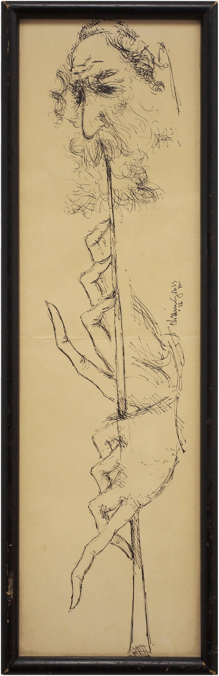 Chaim Gross - Judaica Drawing, Flute Playing Klezmer Musician Rabbi at