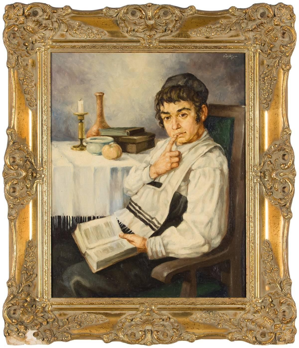 Unknown Figurative Painting - Cheder Boy (Contemplative jewish Boy) Hungarian Judaica Painting