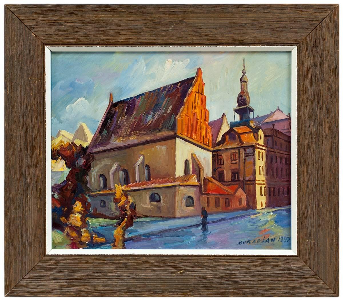 Hovik Muradian Landscape Painting - Judaica Oil Painting Altneuschul Maharal Synagogue Prague 