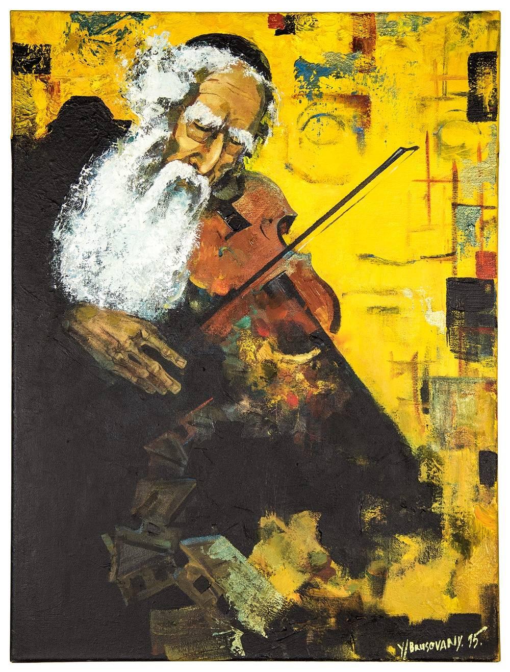 Yuri Brusovany Figurative Painting - Post Soviet Avant Garde Judaica Rabbi Playing Violin (the Klezmer Fiddler)