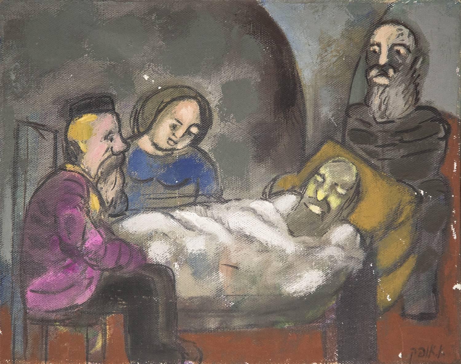 Avraham Ofek Figurative Painting - Visiting the Sick, Modernist Israeli Oil Painting