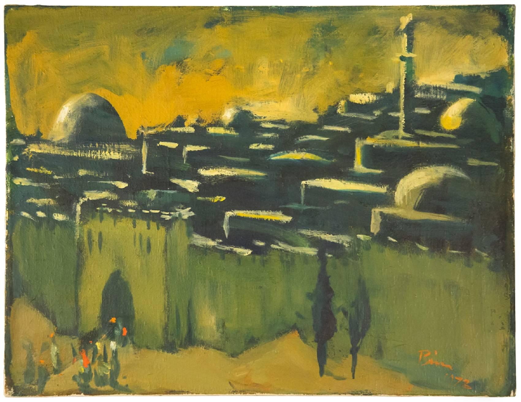 Jacob Pins Landscape Painting - THE WALLS OF JERUSALEM German Israeli Modernist Oil Painting 