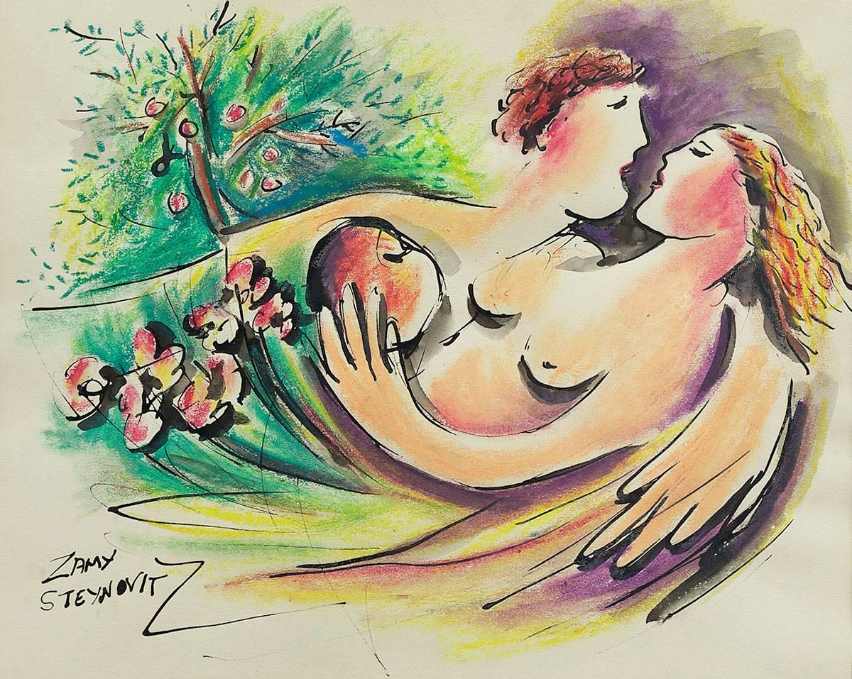 Zammy Steynovitz Figurative Painting - Adam & Eve Garden of Eden The Apple Israeli Judaica Art Original Painting Lovers