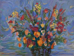 Large Vibrant Oil Painting Colorful Vase of Flowers Israeli Artist Isaac Maimon