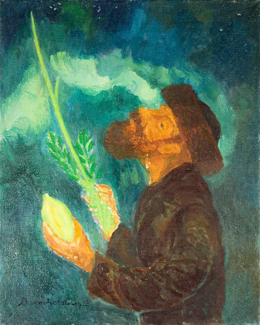 Chaïm Goldberg Figurative Painting - Blessing From Above, Judaica Oil Painting, Rabbi with Lulav and Esrog