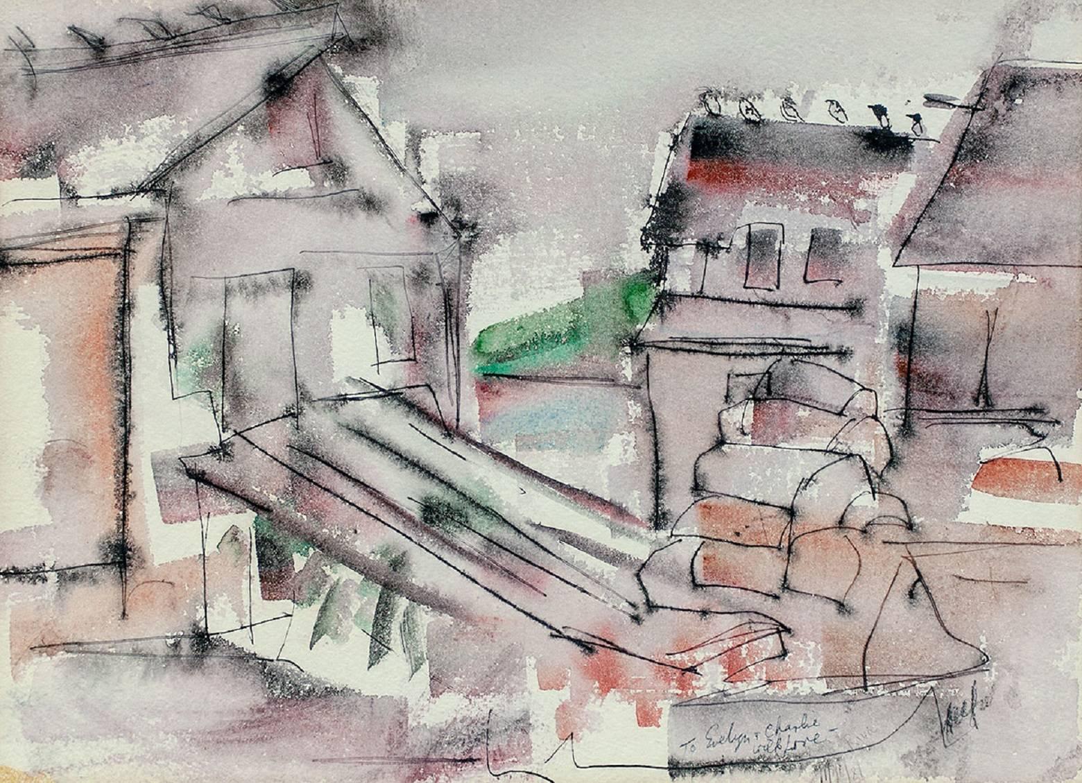 Riva Helfond Abstract Drawing - WPA Woman Artist Modernist Abstract Watercolor of Houses