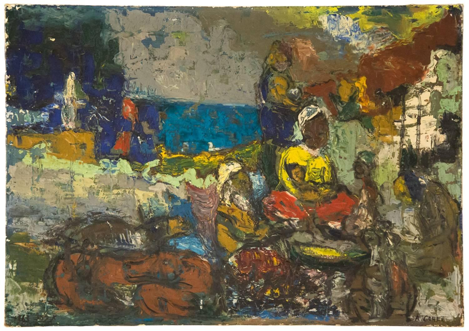 Abraham Cohen Figurative Painting - Resting at Evening, Israeli Modernist Painting