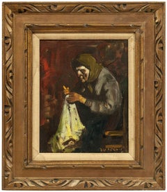 Bubbe Embroidering, Expressionist Oil Painting