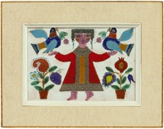 Glazed Israeli Folk Art Naive Tile Figure with Flowers and Birds