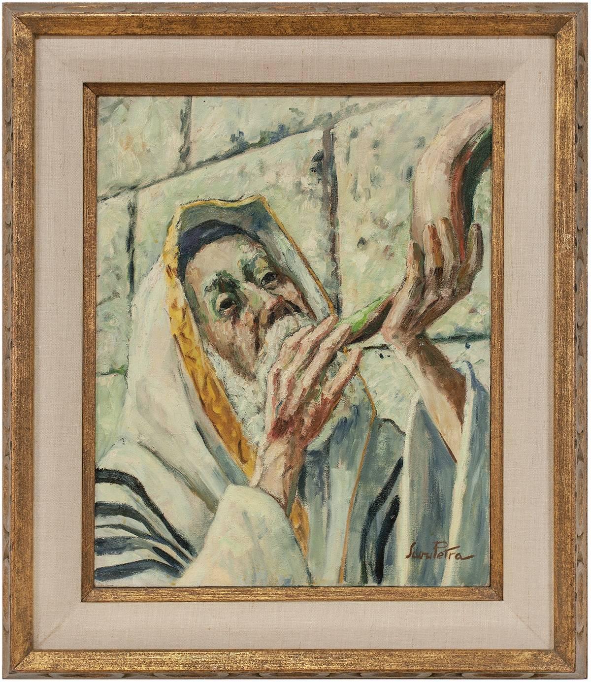Savu Petra Dan Figurative Painting - Judaica Painting Blowing Shofar at the Western Wall