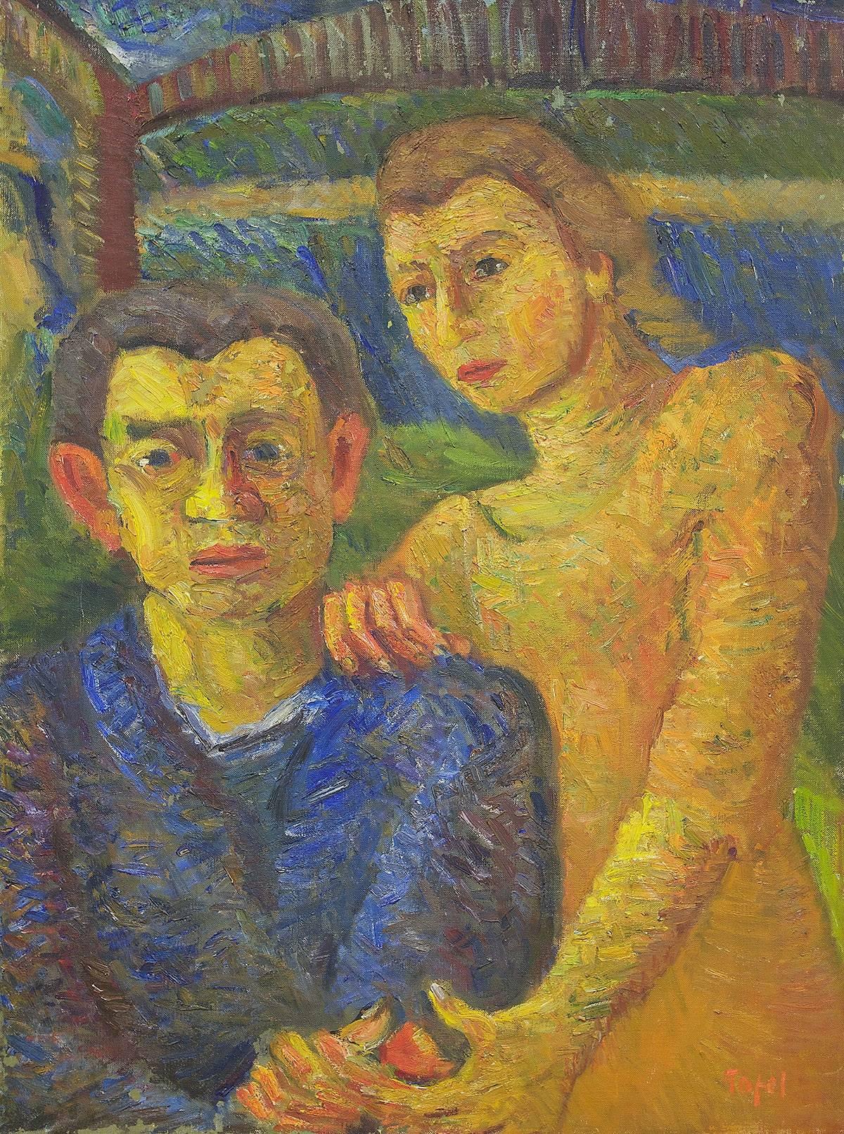 Jennings Tofel Figurative Painting - Two Figures, Self Portrait with Wife 1942 Expressionist Oil Painting