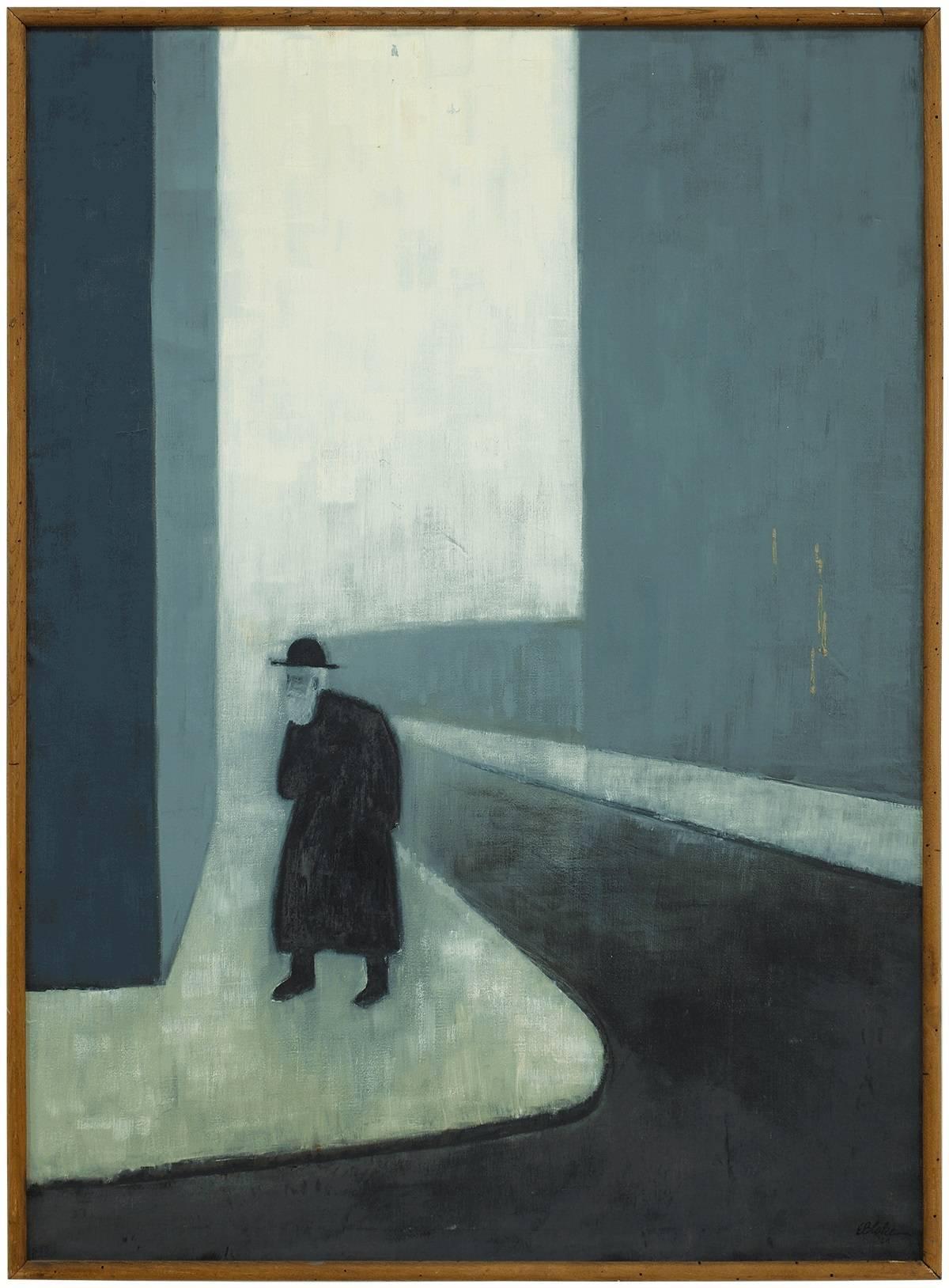 Unknown Figurative Painting - LARGE MODERNIST JUDAICA Oil Painting (RABBI WALKING THROUGH THE CITY)