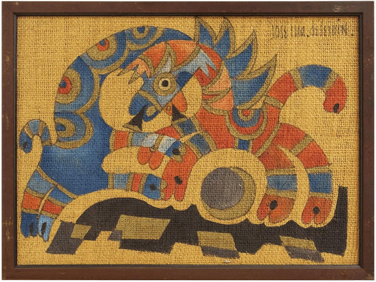 Jose Maria de Servin Animal Painting - Mexican Folk Art "Two Horses" Circus Scene