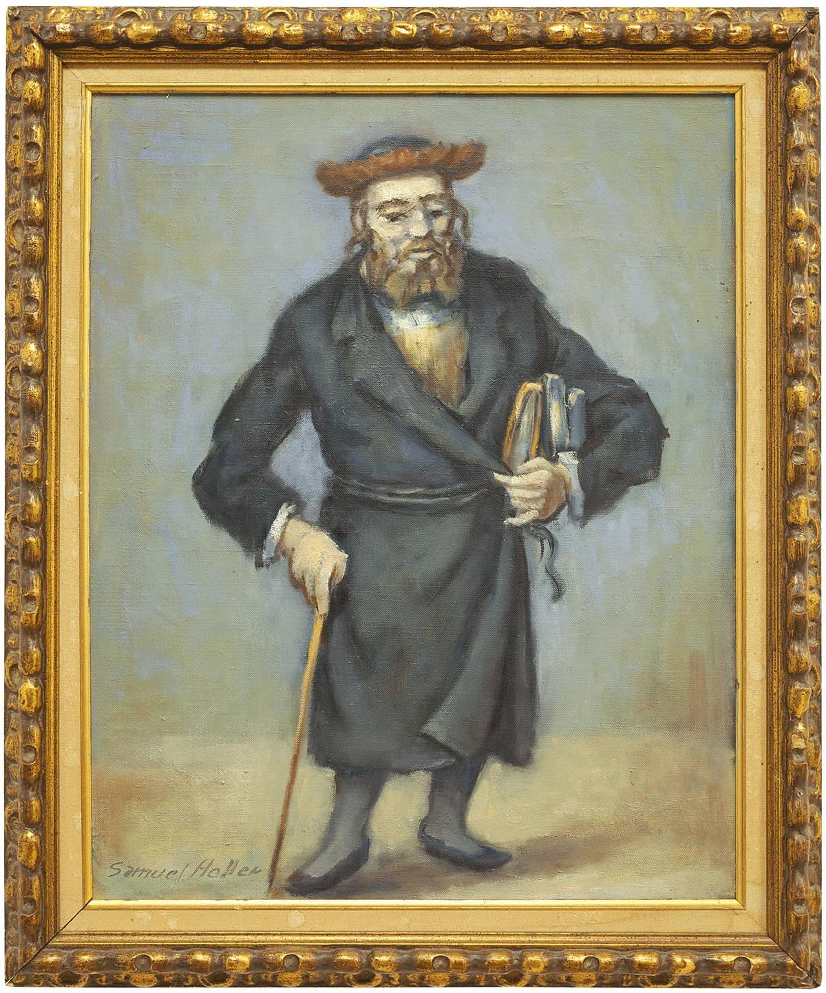 Samuel Heller Figurative Painting - Rare Judaica Rabbi Oil Painting (JEWISH MAN HOLDING A CANE AND BOOKS)