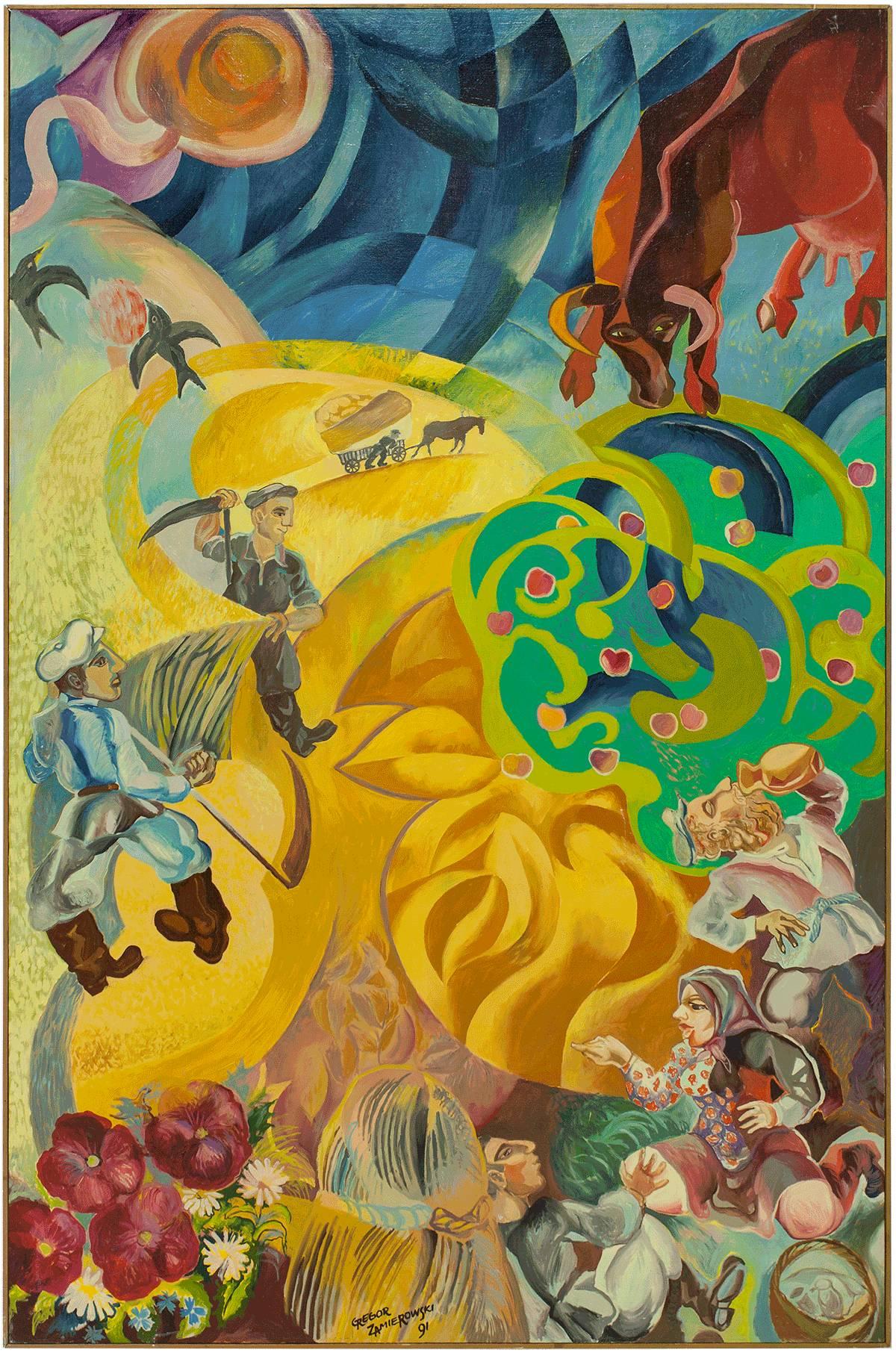 Gregor Zamierowski Figurative Painting - Huge Oil Painting by Russian Canadian Artist. Cubist Soviet Scene