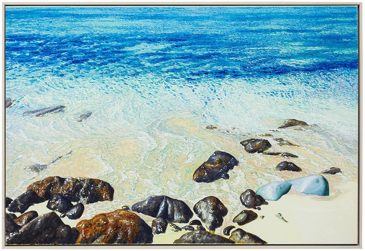 Fabio Aguzzi Landscape Painting - ST BARTH Vivid Realistic Beach Scene with Rocks and Waves
