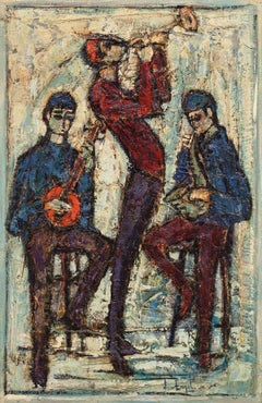 Vintage THREE MUSICIANS Large Oil Painting French Israeli Artist