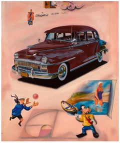 Pop Art Large Vintage Auto Pink Oil Painting Americana