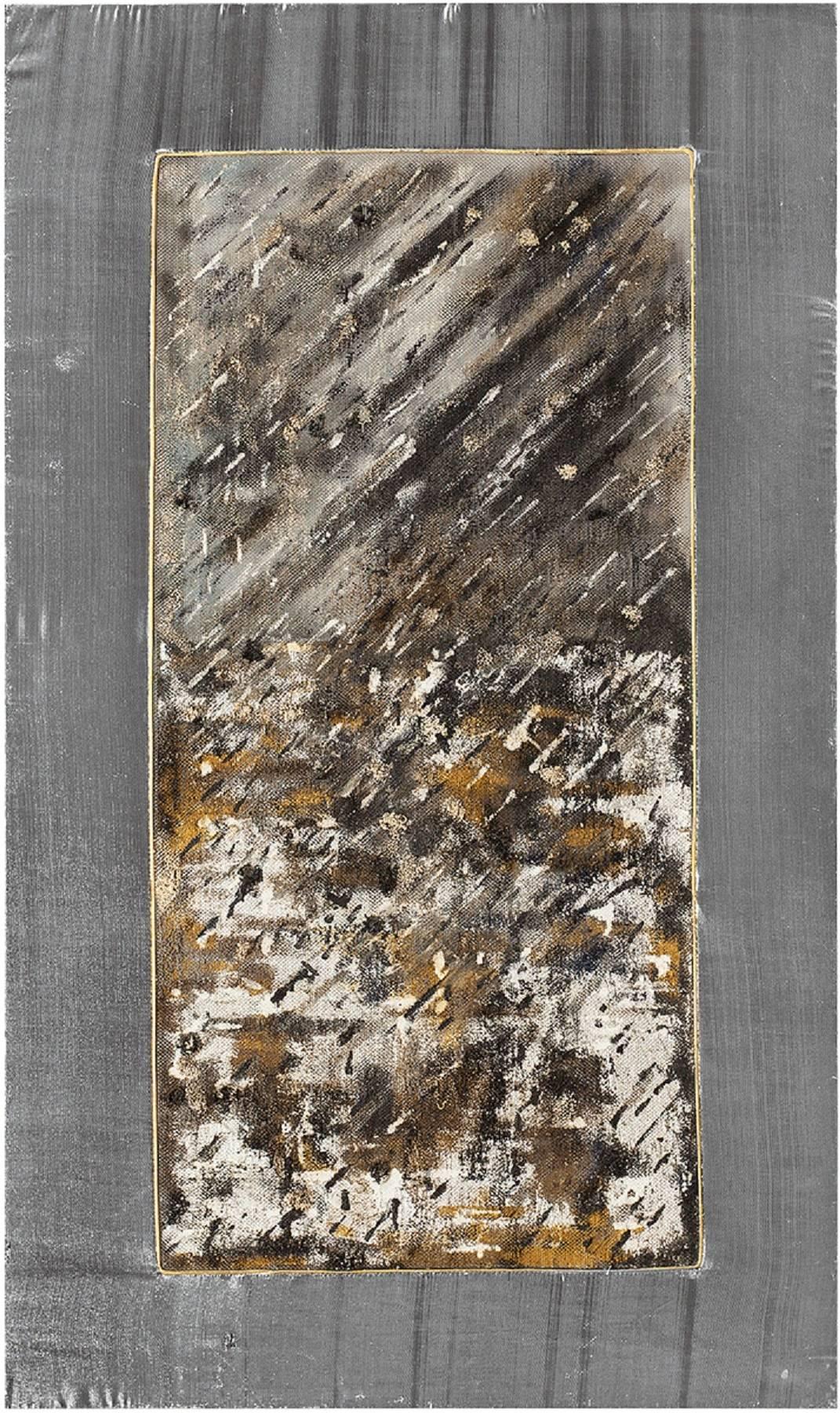Izhar Patkin Abstract Painting - Abstract Mixed Media Painting. Oil on Silver Lame Screen Fabric