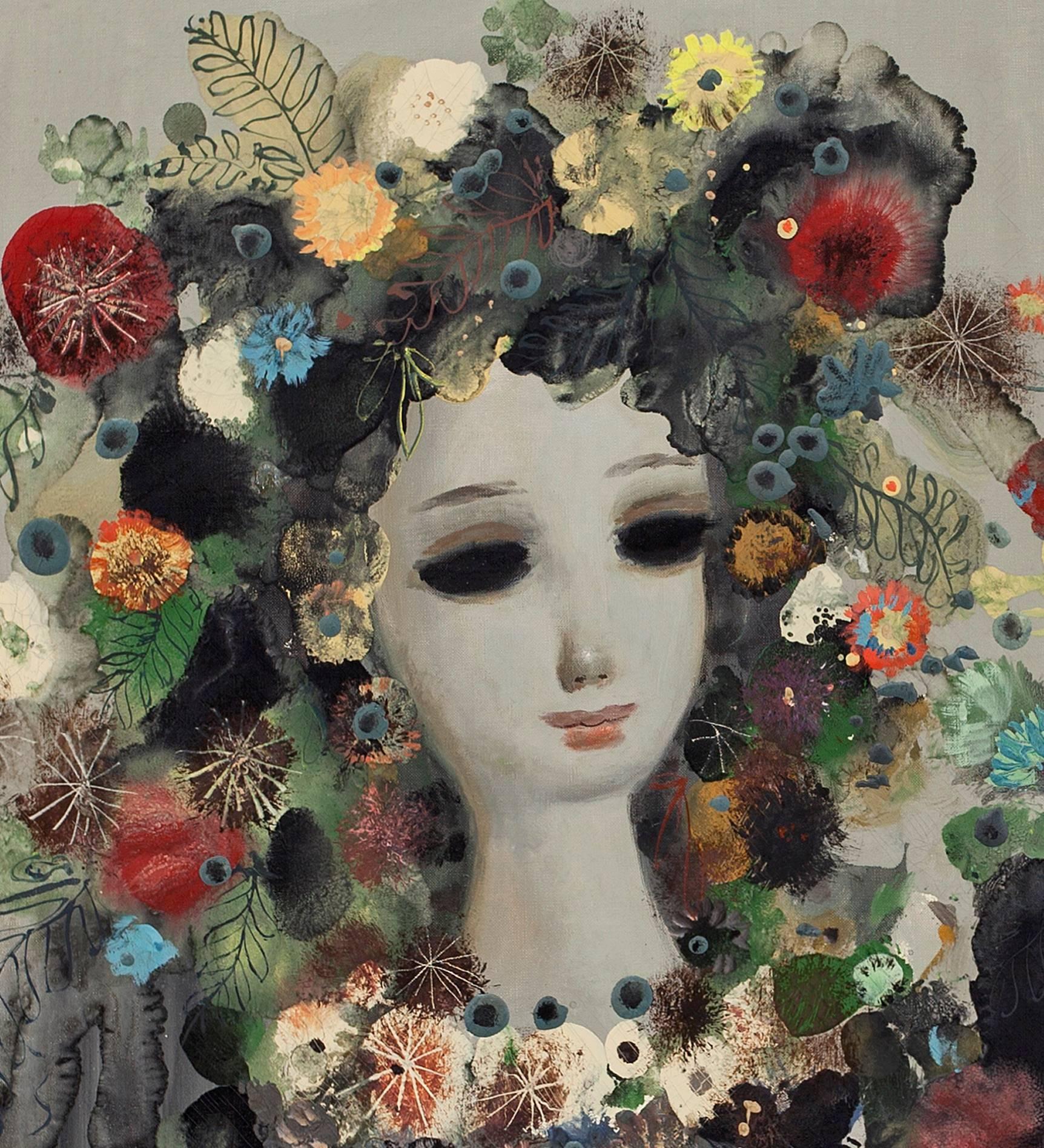 Großes italienisches surrealistisches Ölgemälde, Jean Calogero Pomone, Vase mit Blumen 2