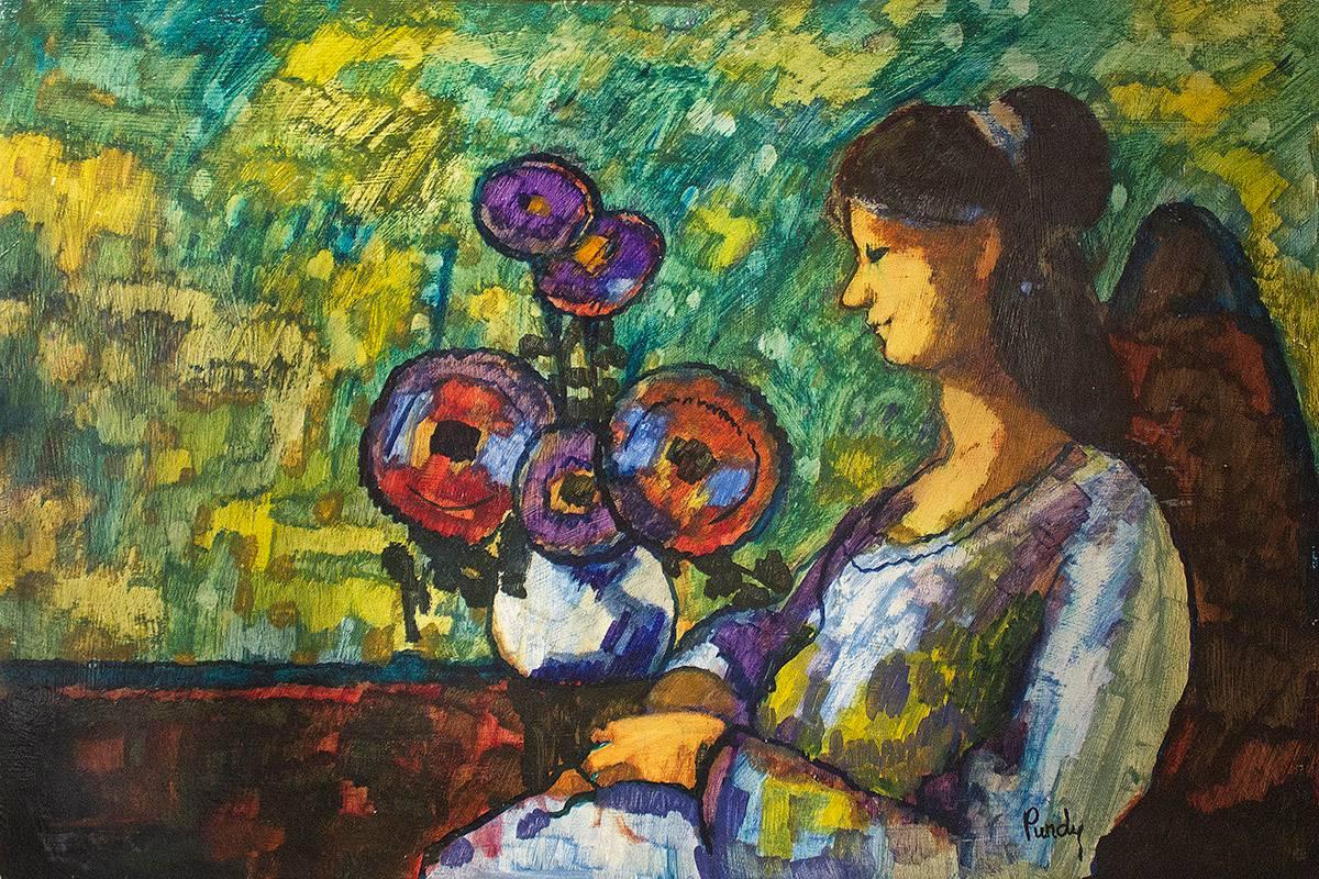 Donald Roy Purdy Figurative Painting - Modernist Woman With Flowers in Interior