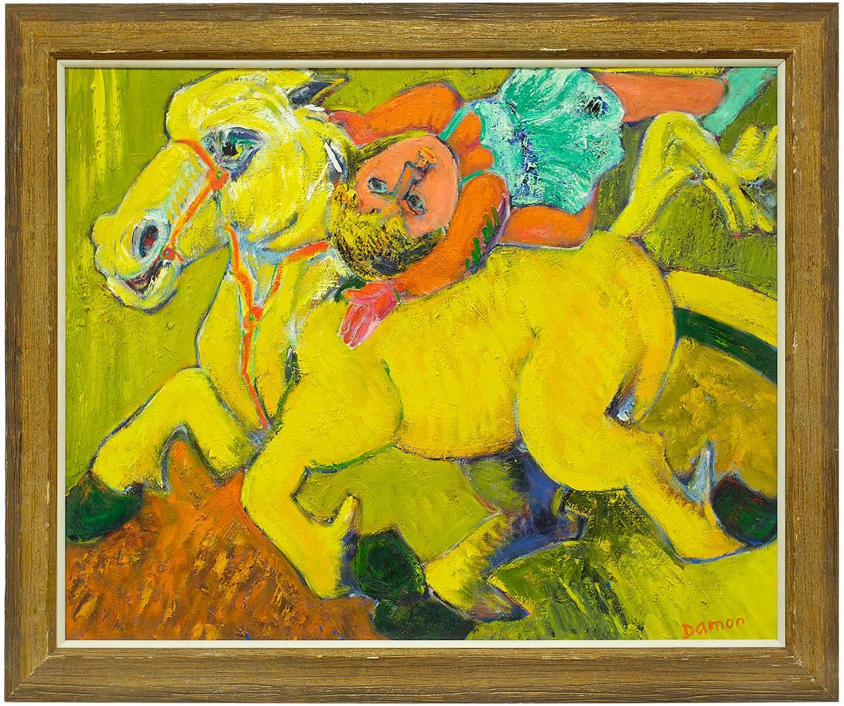 Hubert Damon Animal Painting - Equestrian Circus Act, Large Bold Expressionist Oil Painting