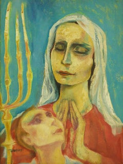 Sabbath Prayer (Lighting Shabbat Candles) Modernist Judaica Oil Painting
