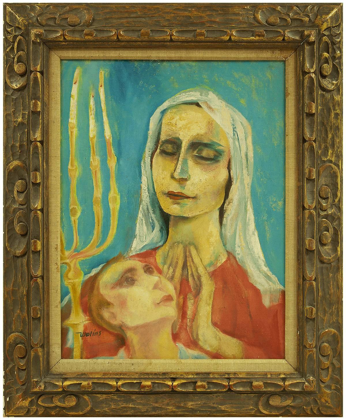 Joseph Wolins Figurative Painting - Sabbath Prayer (Lighting Shabbat Candles) Modernist Judaica Oil Painting