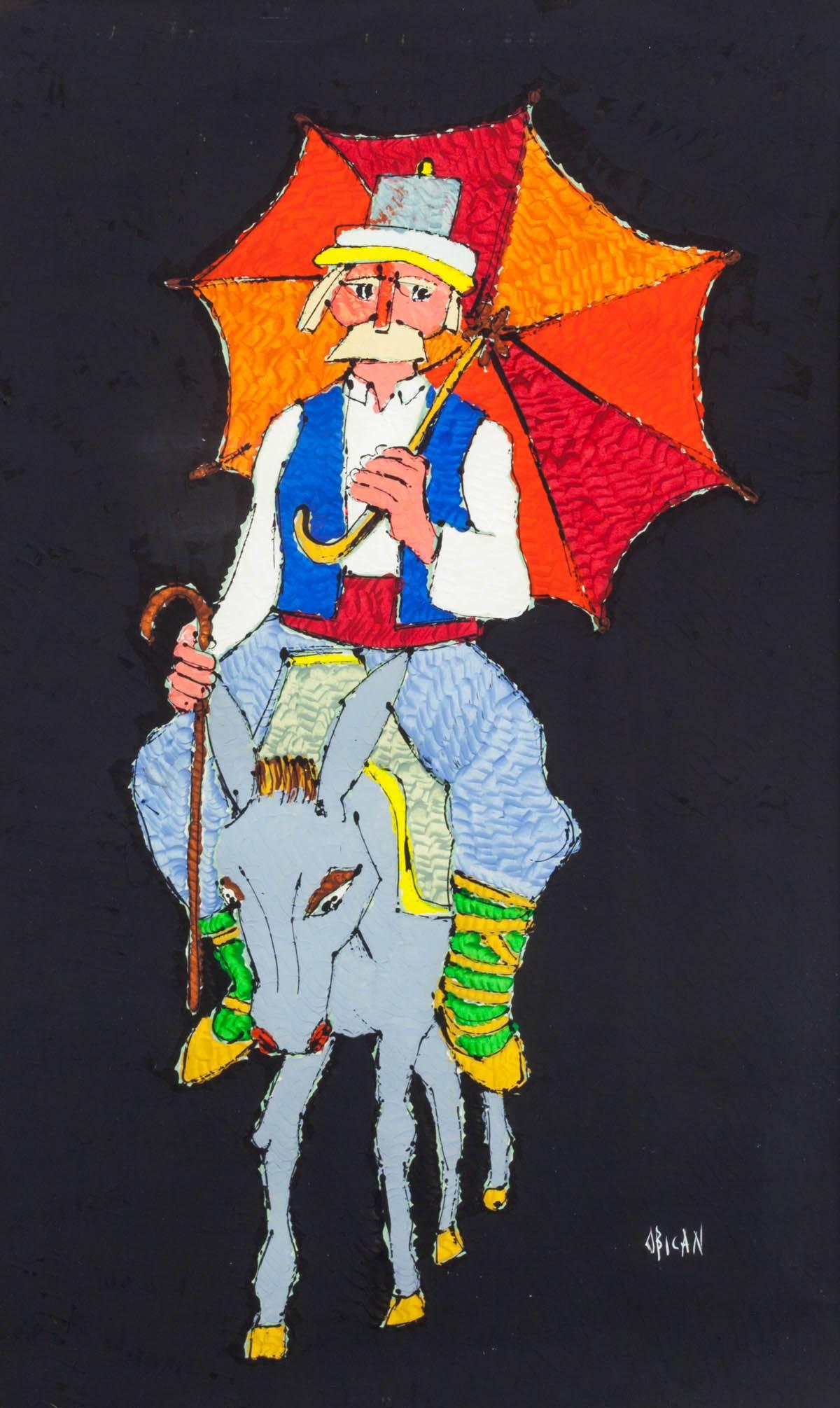 Bright Umbrella Donkey Ride, Acrylic on Paper - Painting by Jovan Obican