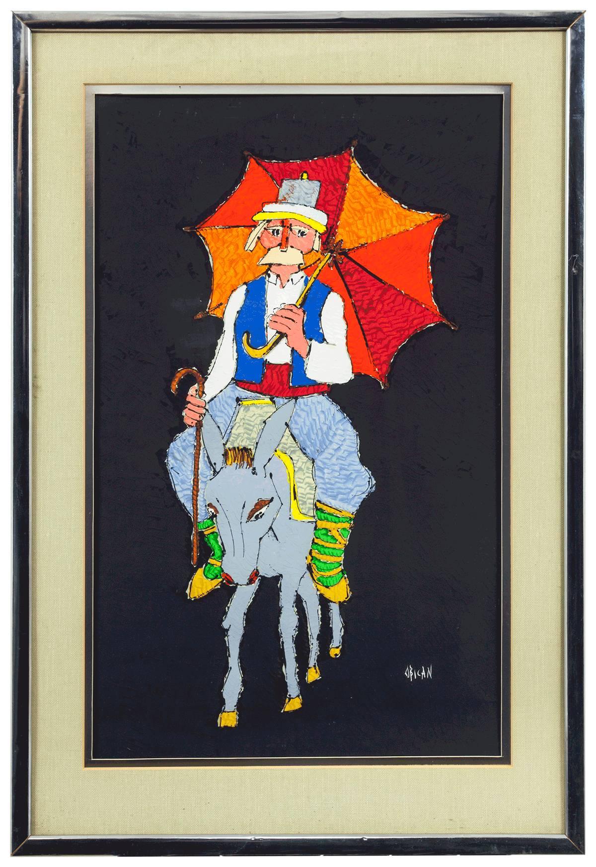 Jovan Obican Figurative Painting - Bright Umbrella Donkey Ride, Acrylic on Paper