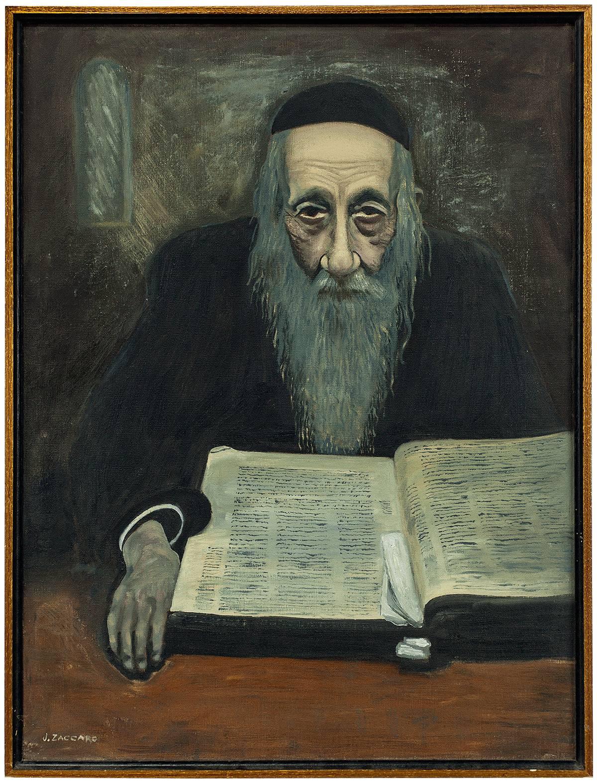 Rare Modernist Judaica Scholar Rabbi Studying Oil Painting