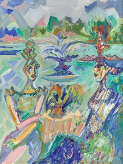 Two Women, Abstract Israeli Oil Painting