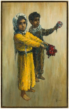 Children and Flowers, enfants à pieds nus et fleurs, peinture israélienne moderne du milieu du siècle