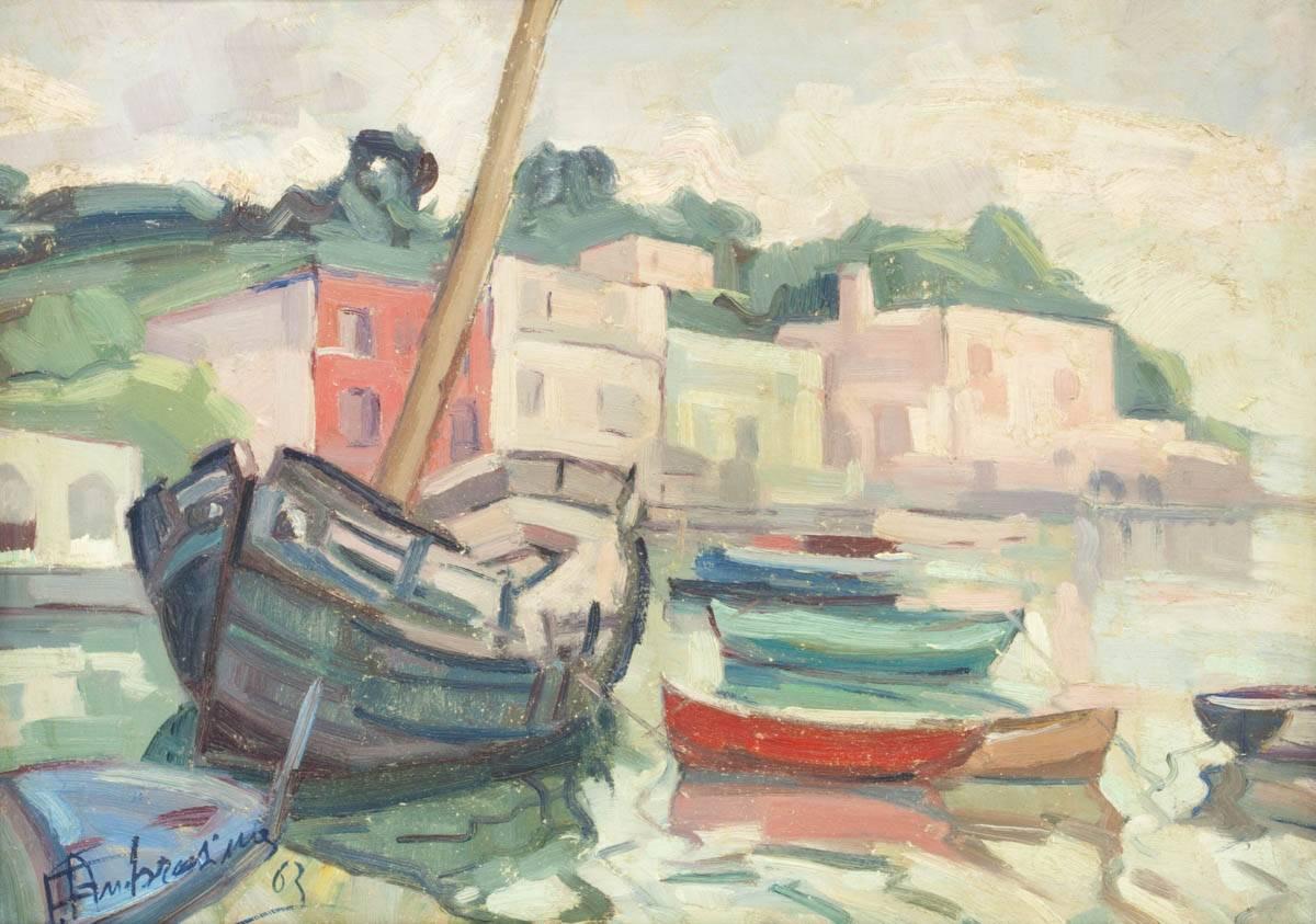 Peinture à l'huile italienne moderniste - Bateaux et bateaux dans le port - Painting de Ferdinando Ambrosino