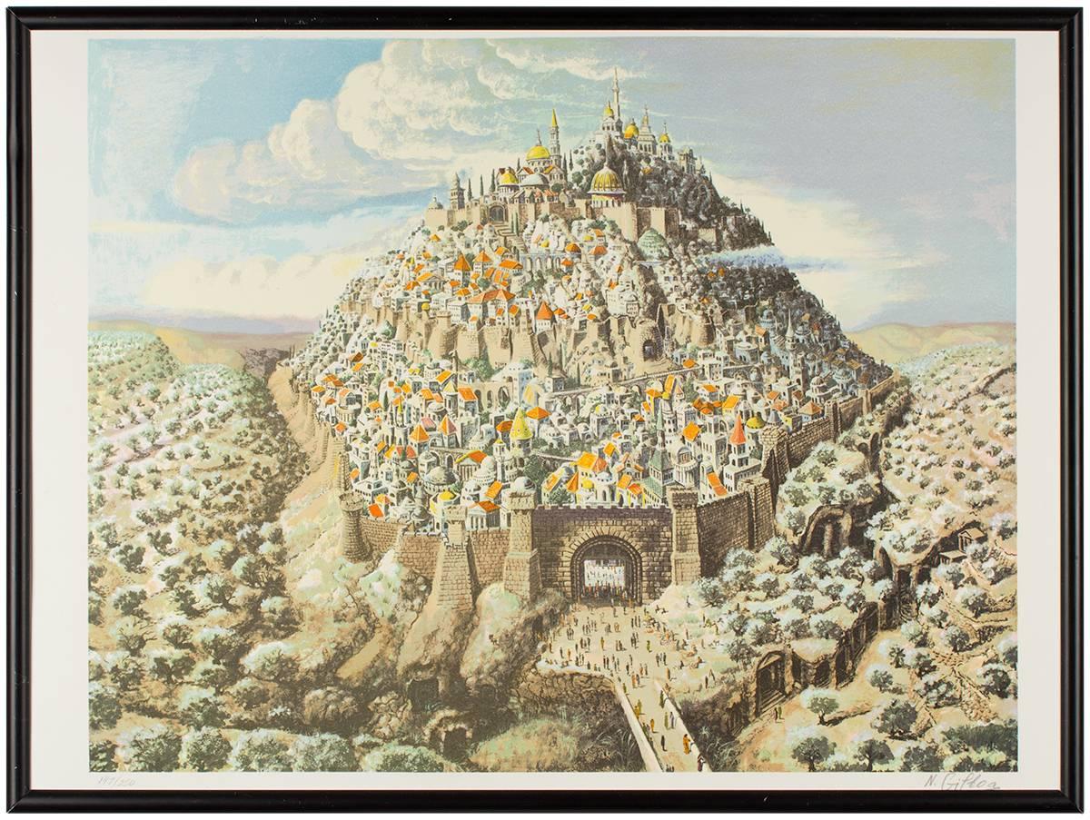 Nahum Gilboa Landscape Print - Jerusalem City of David Fantastic Realism Israeli Signed Lithograph