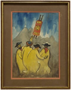 Modernist Israeli Judaica Simchat Torah Watercolor Painting