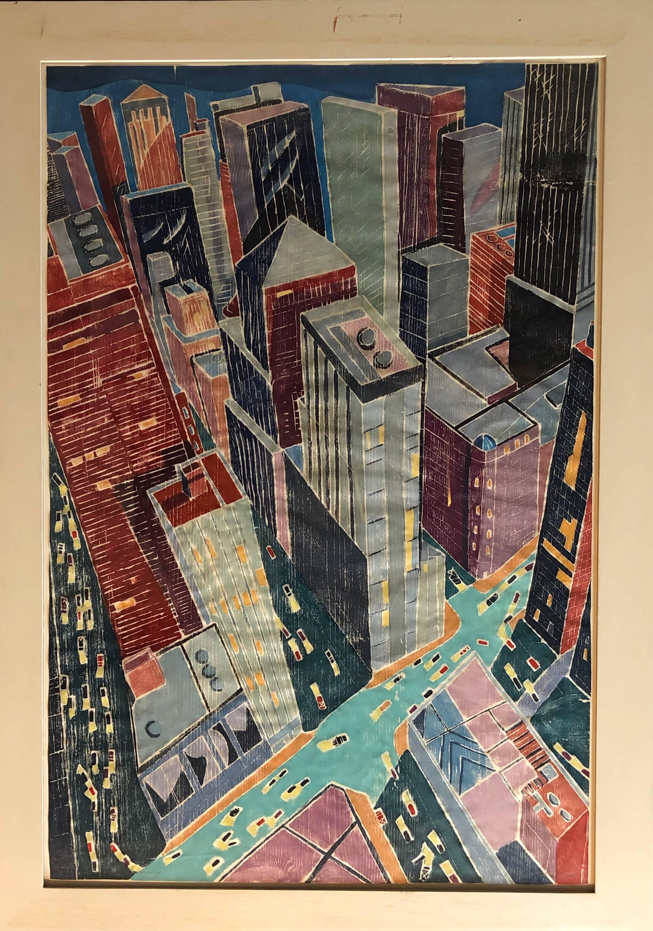 City Evening, Large Scale Whiteline Woodcut New York City at Night ed. 25 - Print by Aline Feldman