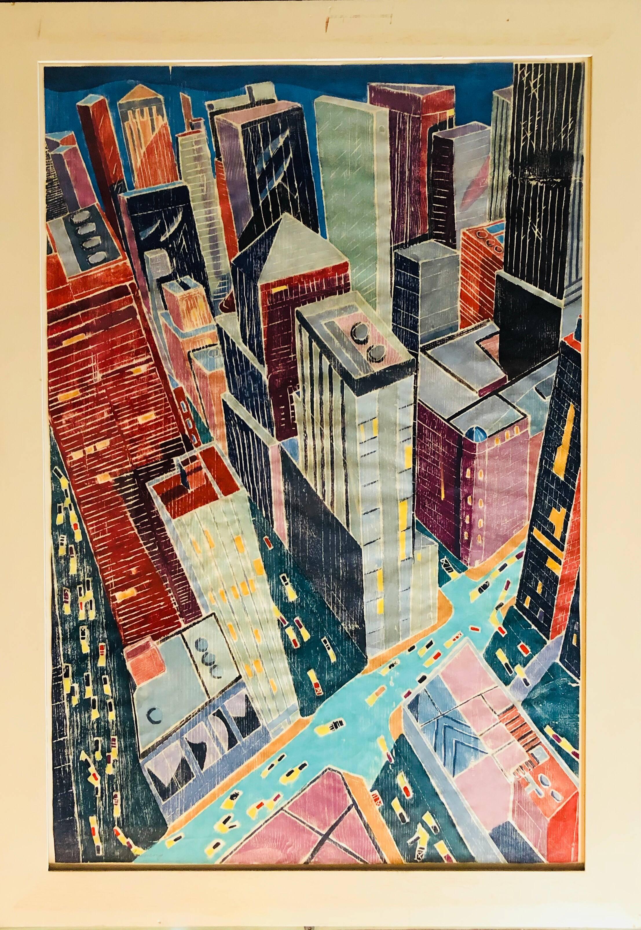 Aline Feldman Landscape Print - City Evening, Large Scale Whiteline Woodcut New York City at Night ed. 25