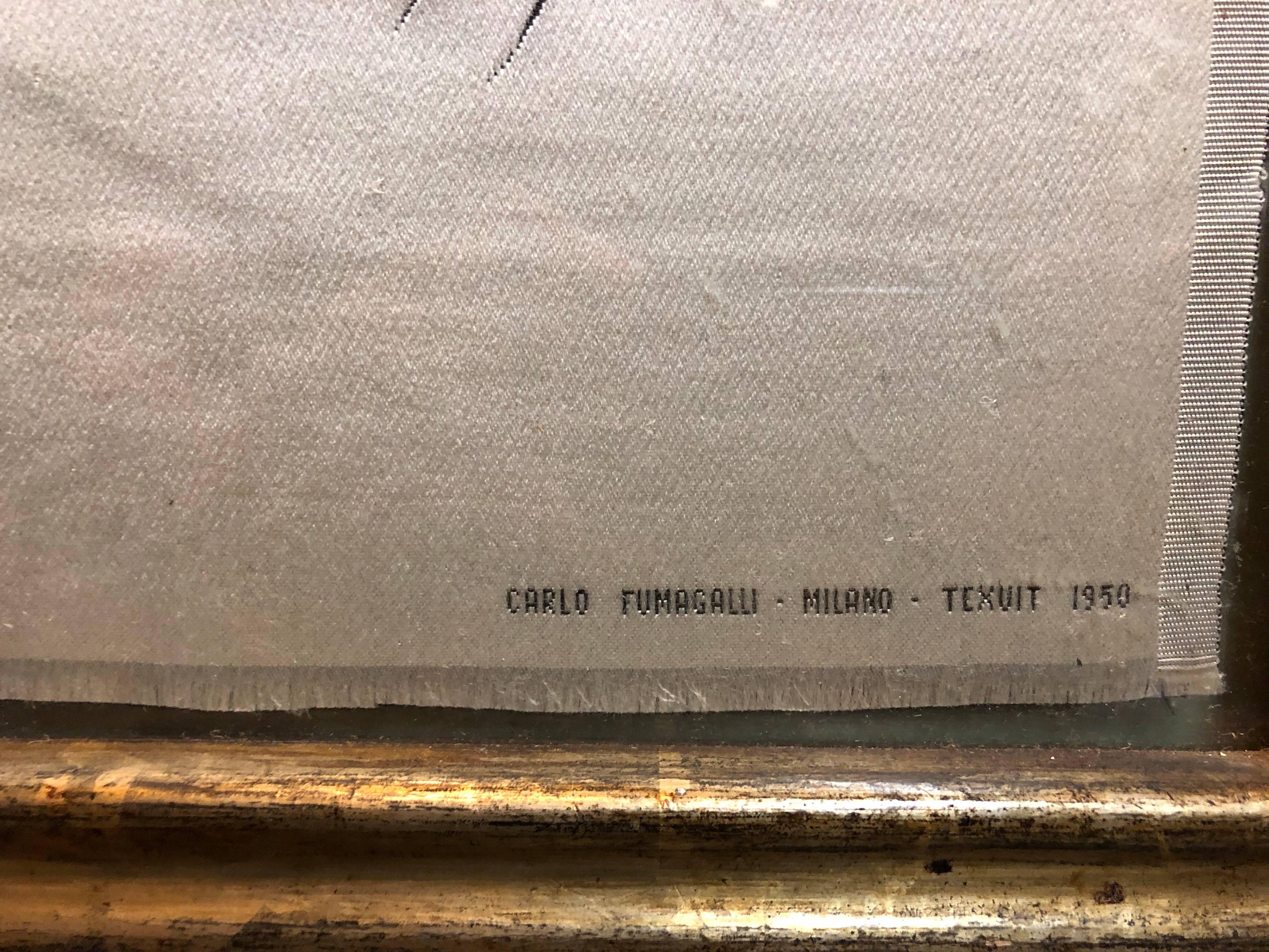 Signed Carlo Fumagalli Milano Texuit 1950 and signed Dali in the weaving. rare Silk Stevengraph style Jacquard-type loom.  Stevensgraph. Framed with glass on both sides. 

Salvador Dali Biography 1904-1989 
Salvador Dali is considered as the