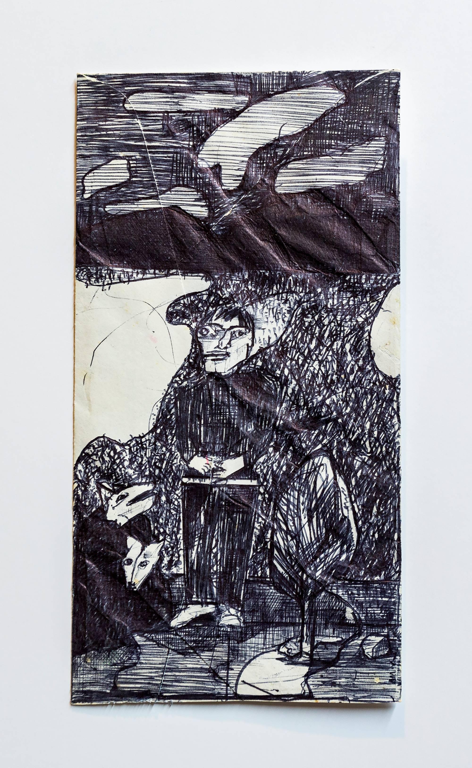 Standing figure, 1992 Ballpoint Ink Drawing on an Envelope (Phone Bill) - Art by Marc Baseman