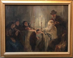 Blessing of the Tzadik (Rebbe) Rare Hungarian Judaica Oil Painting
